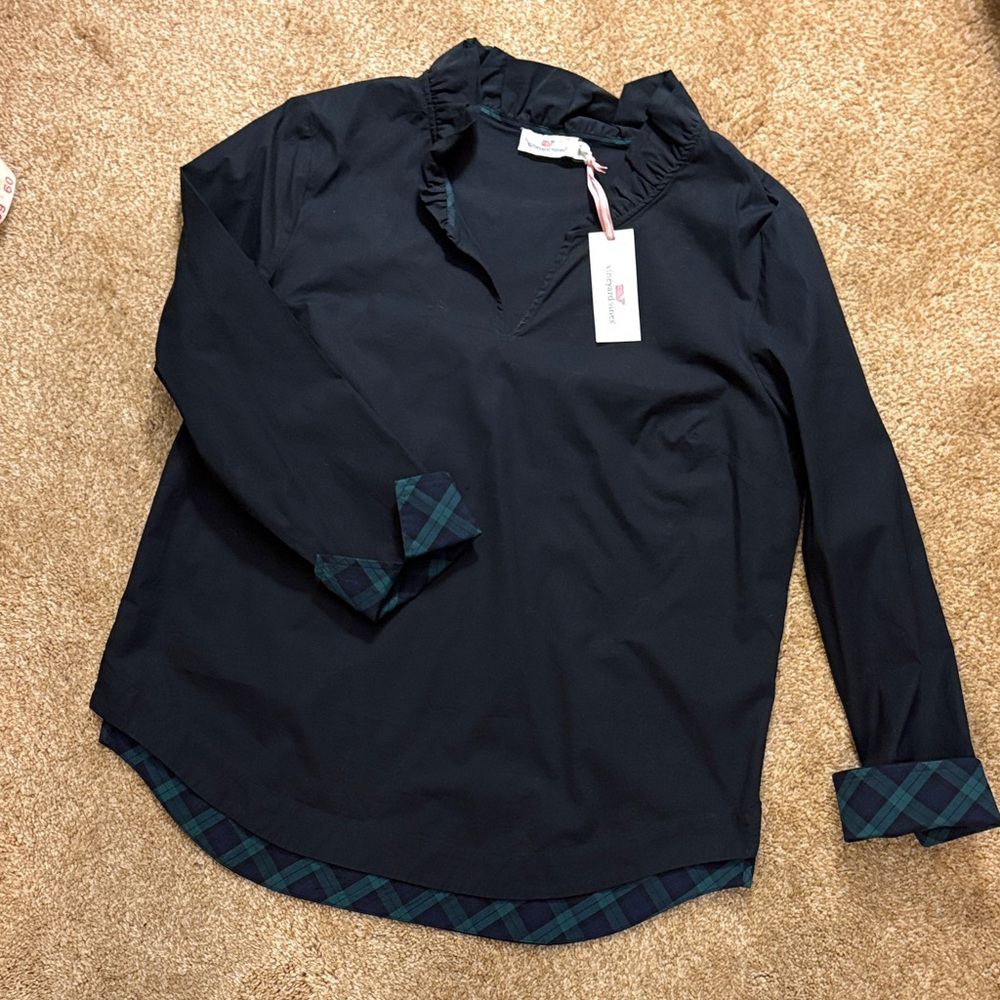 Vineyard Vines Dark Blue Shirt with Green Plaid Trim